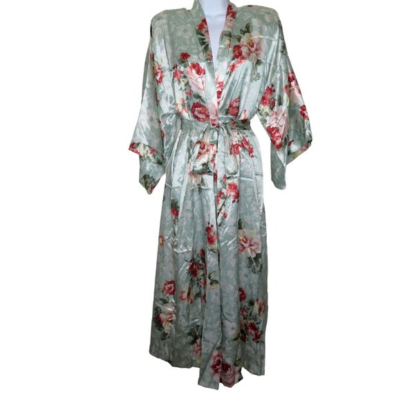 California Dynesty Other - Vintage California Dynesty Full Length Satin Robe Green Floral Shoulder Pads NEW